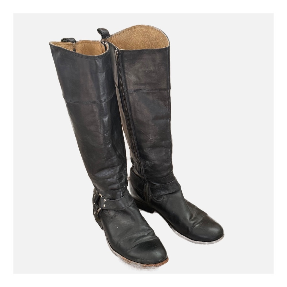 Frye Black Leather Knee-High Boots Belted Riding Boots
